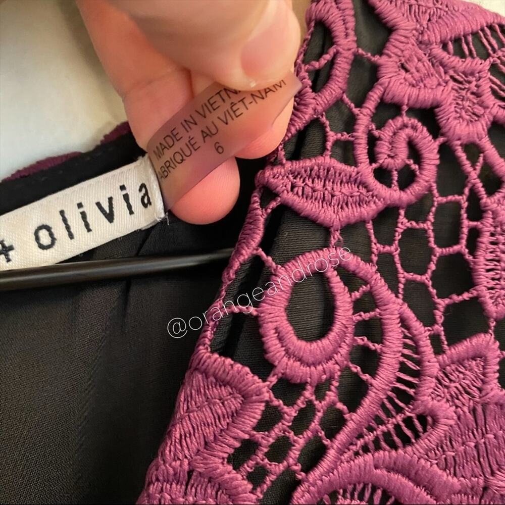 Alice + Olivia Purple Black Lace Floral Intricate V Neck MIDI Gown Dress Event 6 - Picture 13 of 16